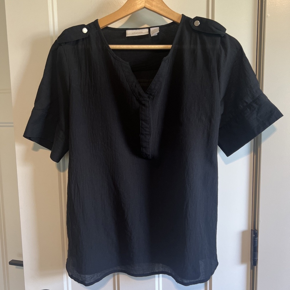 Chicos Black Blouse Top Shirt Sz‎ 1 Career Light & Flowey